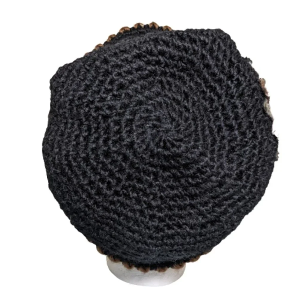 Vint. Crochet Cloche Hat w/ Embroidery and Fur Rosette
